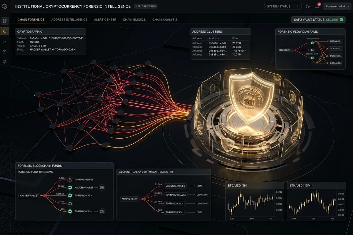 Forensic blockchain tracking terminal illustrating the October 2026 Binance hot-wallet exploit, hacker attribution, and SAFU asset protection.