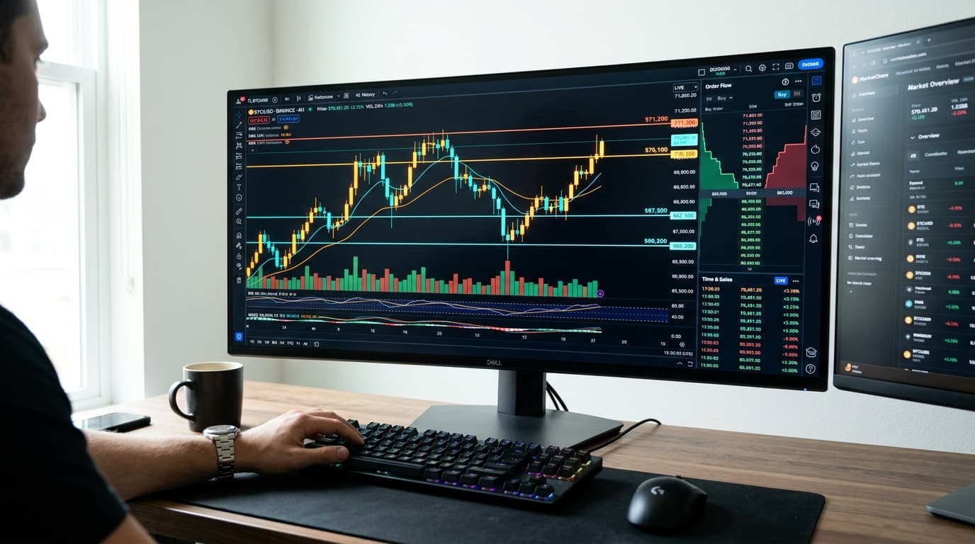 Luminous high-contrast Bitcoin technical analysis trading display showing clean support and resistance levels and order flow