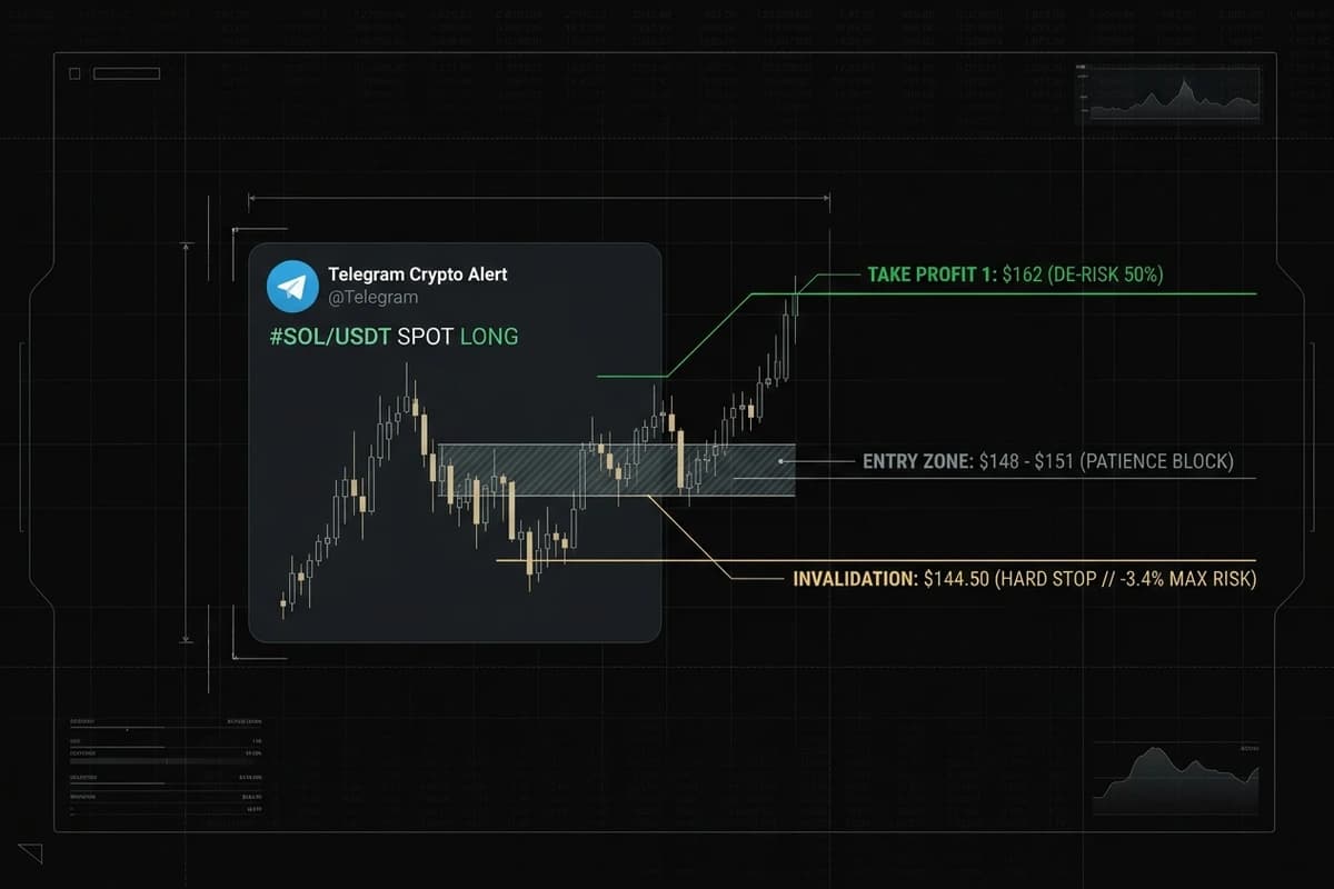 Educational diagram dissecting a crypto trade signal with entry zone, take-profit levels, and stop-loss invalidation explained.