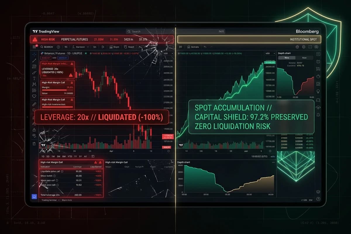 Comparison diagram illustrating crypto futures liquidation math versus risk-managed spot trade execution.