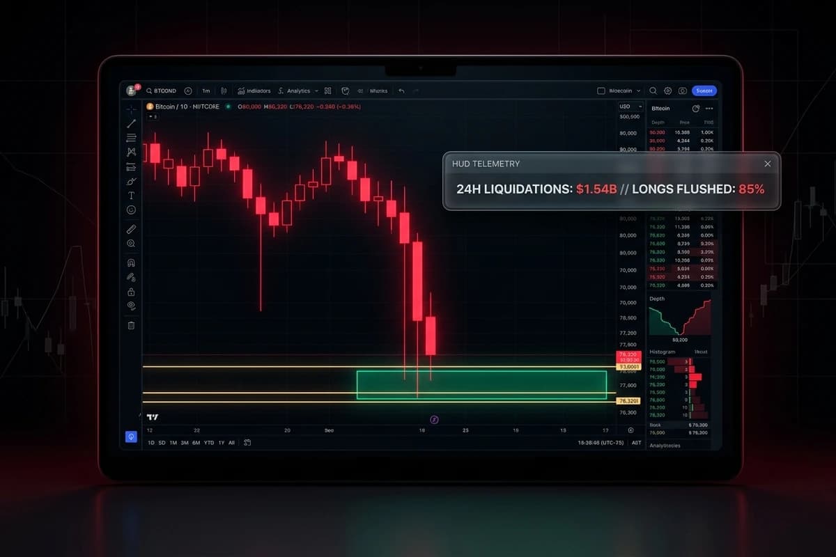Bitcoin price chart showing the $1.5 billion futures liquidation drop to $76,300 with institutional order book overlays.