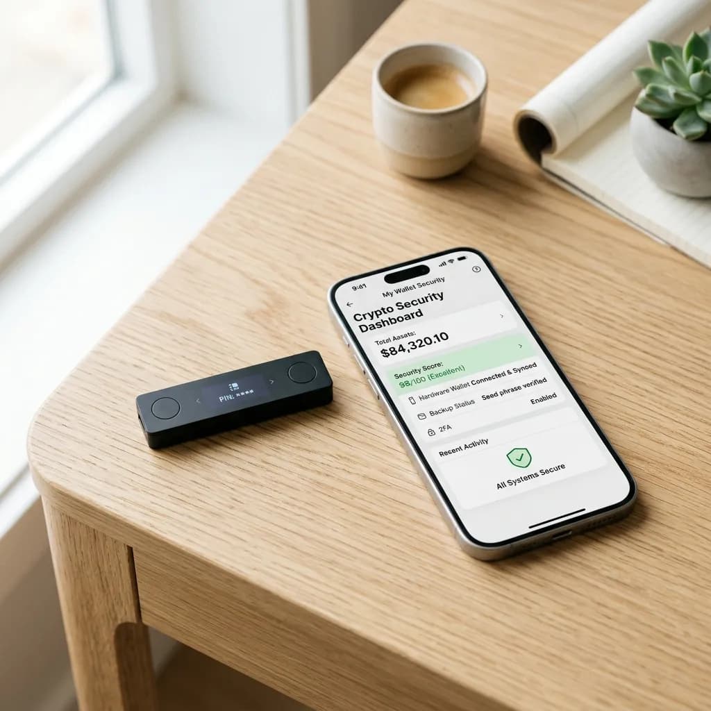 Hardware cold wallet device placed beside encrypted digital security key and financial risk protection charts