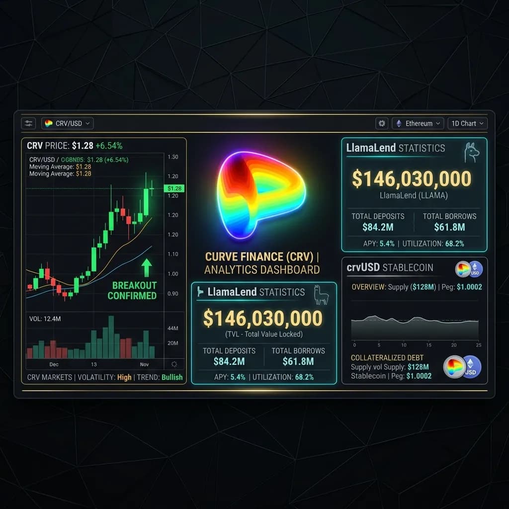 CRV Trading and Curve Price Updates research dashboard showing LlamaLend V2 TVL stats, crvUSD borrowing flywheel, and technical breakout charts