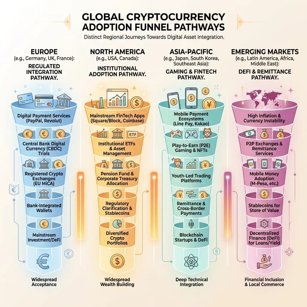 A sleek infographic diagram illustrating the four global crypto search intent funnels: Research, Infrastructure, Access, and Monitoring