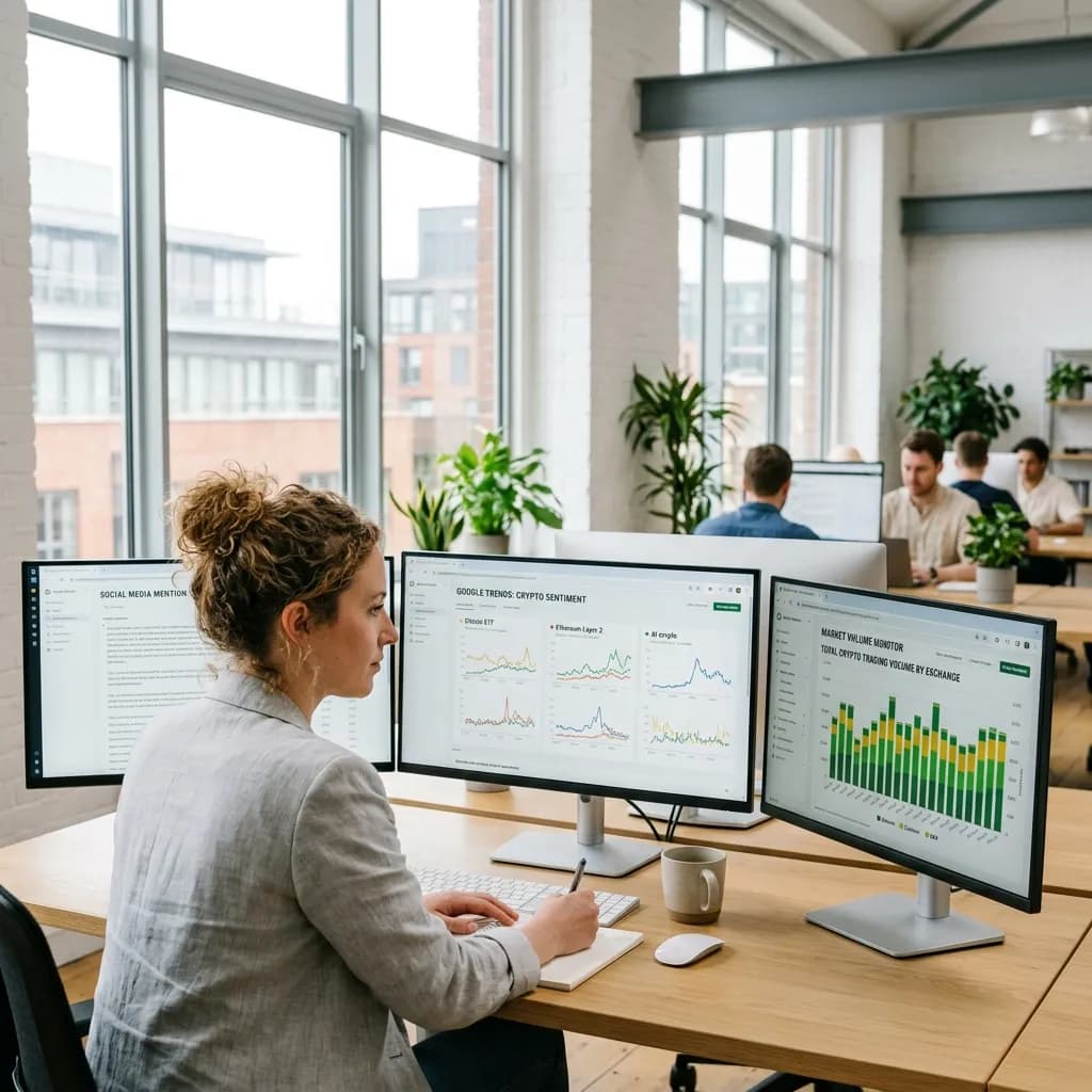 Quantitative trader analyzing Google Trends search volume breakout charts and social sentiment momentum metrics