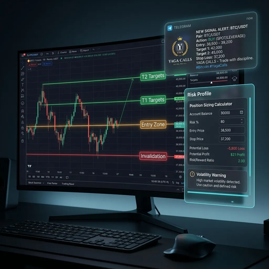 Yaga Calls crypto signals with risk management showing entry target invalidation and Telegram signal context