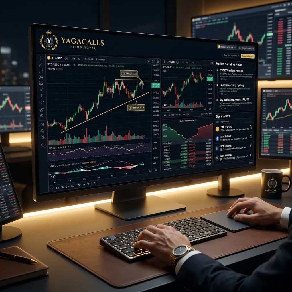 Yaga Calls method showing crypto signal research with entry target invalidation and risk context