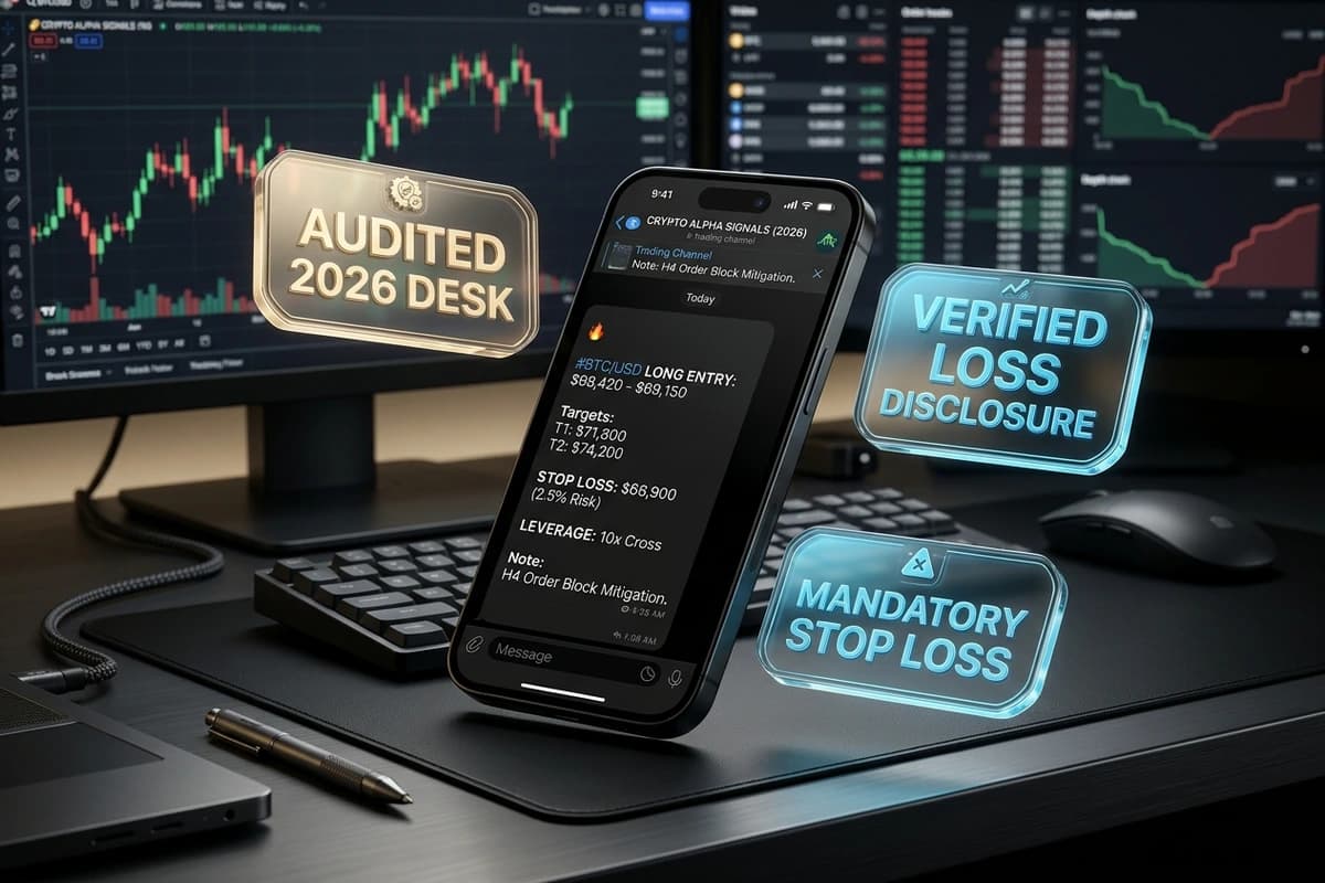 Smartphone interface showing a verified Telegram crypto signal setup with institutional risk analysis and 2026 audit criteria.