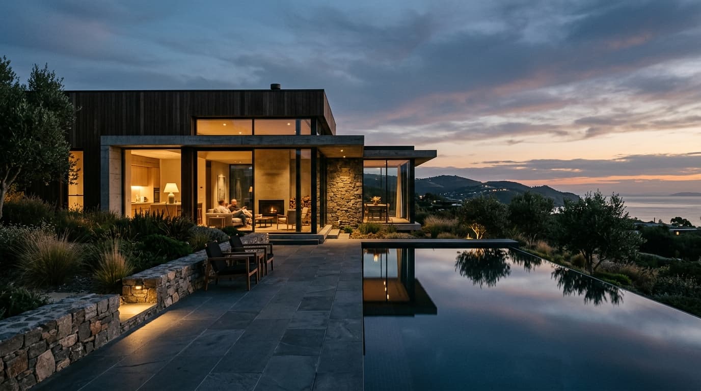 Documentary architectural photography of a sleek contemporary luxury residential villa with glass walls and reflection pool at twilight
