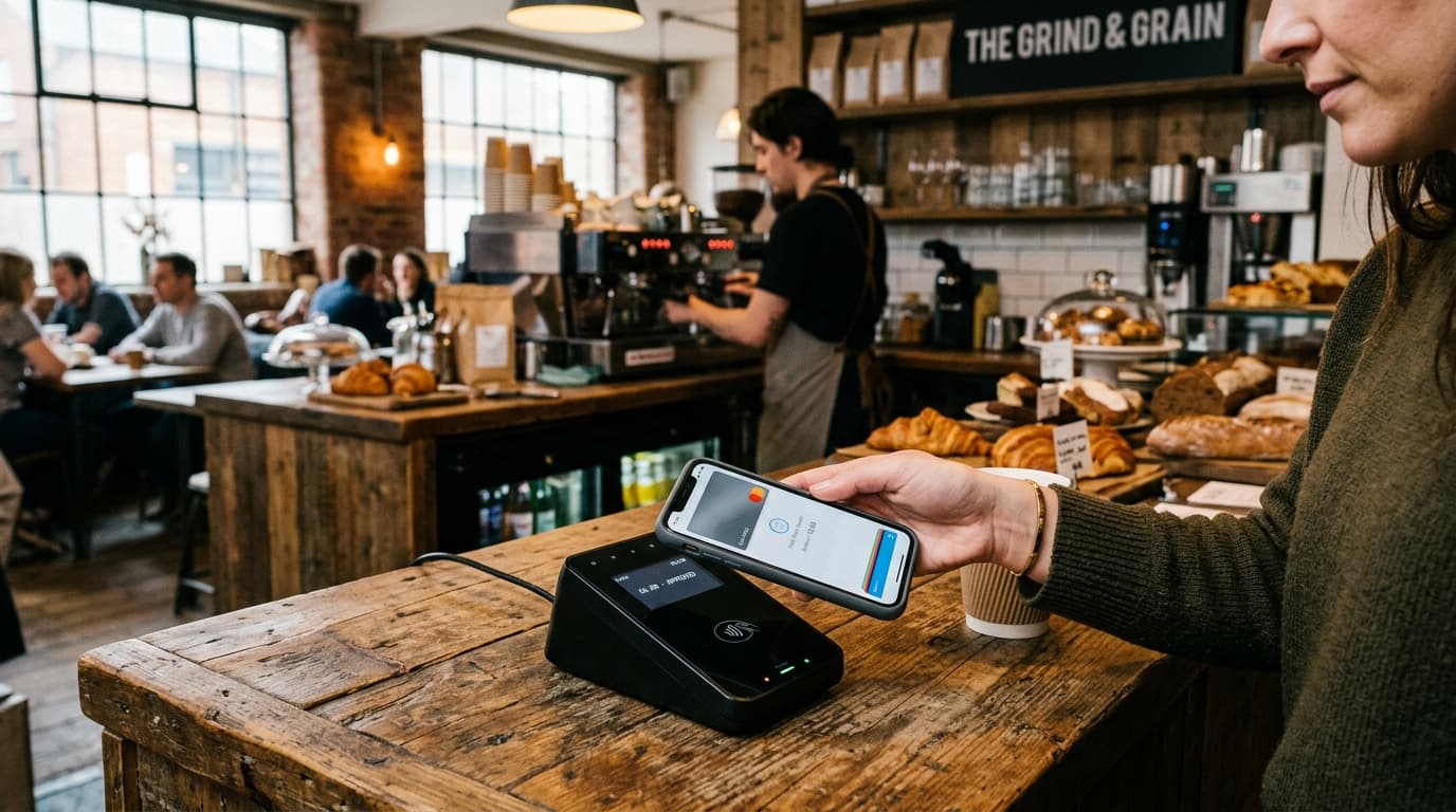 Documentary candid editorial photography of a smartphone tapping a contactless payment terminal on a rustic wooden cafe counter