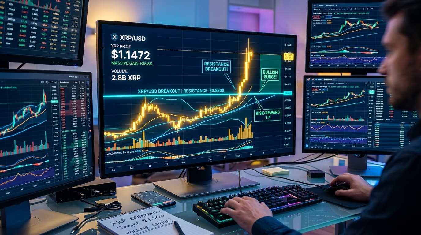Vibrant high-contrast XRP trading setup chart with breakout levels, glowing candlesticks, and clear profit targets
