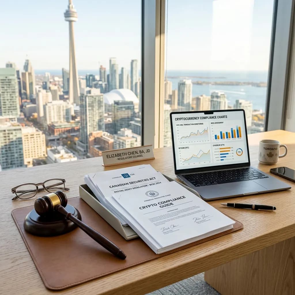 Financial regulatory documents, legal gavel, and crypto compliance charts on a sunlit oak desk in Toronto