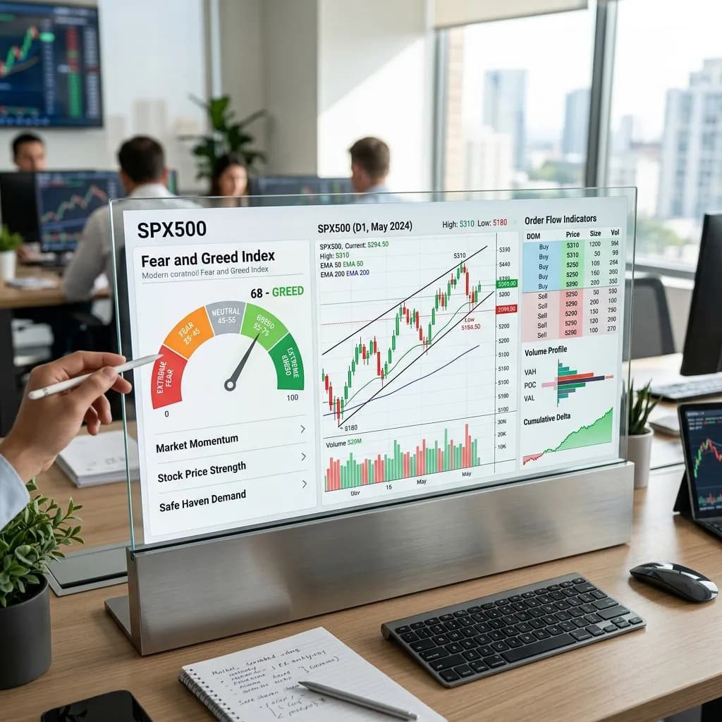 Market sentiment Fear and Greed meter alongside technical candlestick charts and order flow indicators