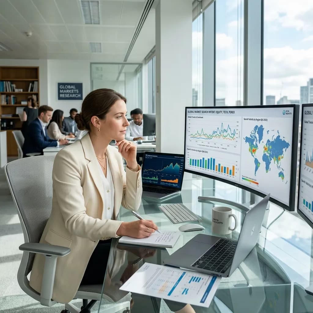 Global financial data researchers analyzing cryptocurrency search intent metrics and regional search funnels on sleek modern displays