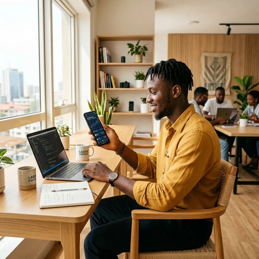 African mobile fintech developer conducting peer-to-peer crypto transactions in Lagos