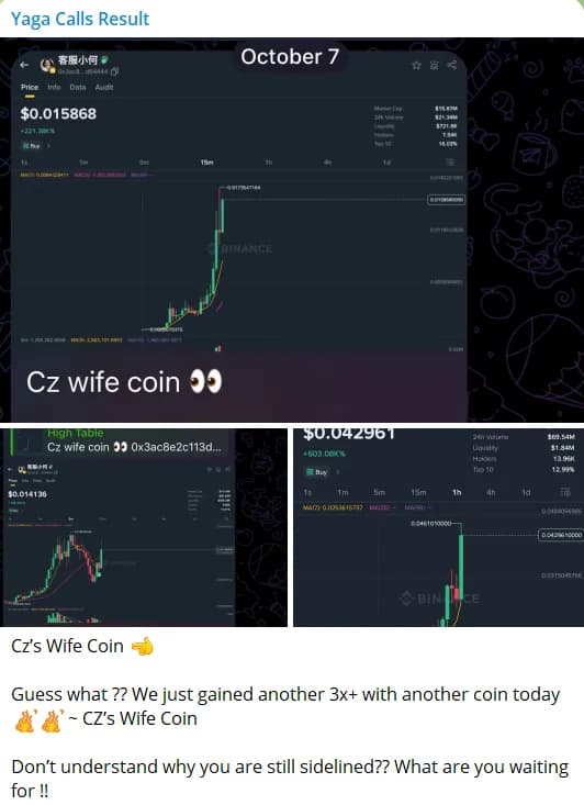Selected Yaga Calls crypto signal proof snapshot - CZ's Wife Recent