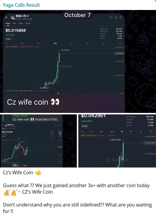 Selected Yaga Calls crypto signal proof snapshot - CZ's Wife Recent