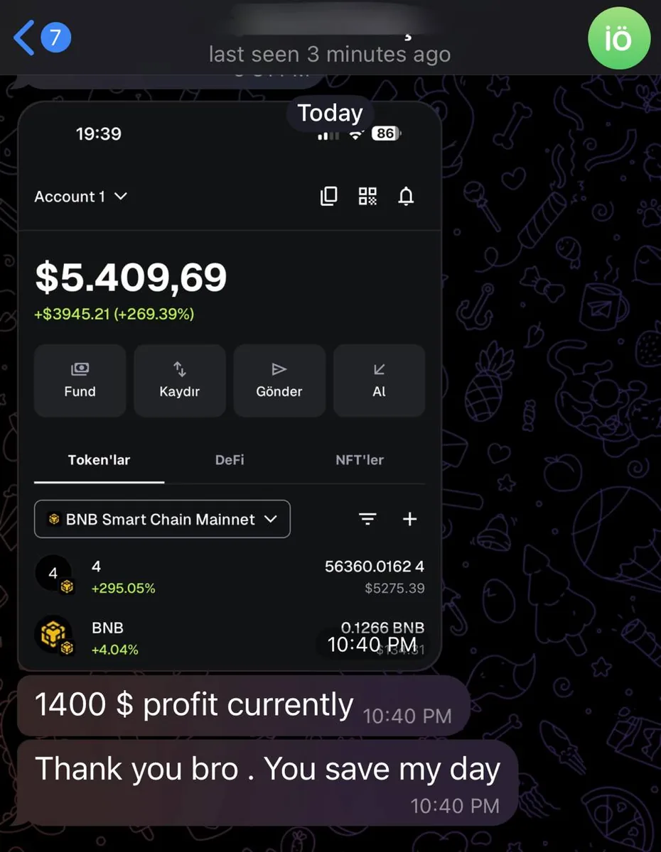 Verified crypto signal execution proof by High Table Member #543 - 5 Star Review: Thank you bro, you saved my day (+269%)
